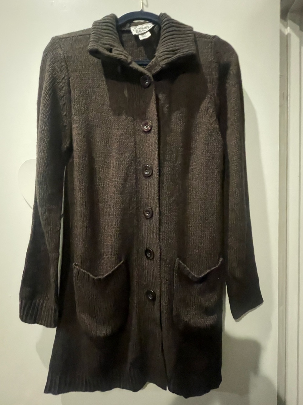 Anthony Richards Long Button-Up Knit Cardigan in Dark Brown